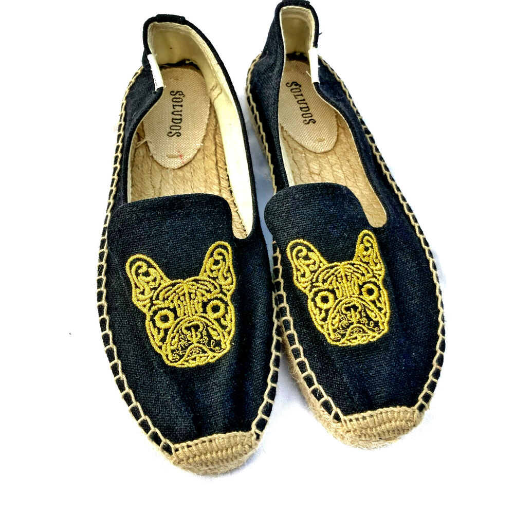 Soludos French Bulldog Espadrilles Black Canvas Embroidered Riviera Chic Flats